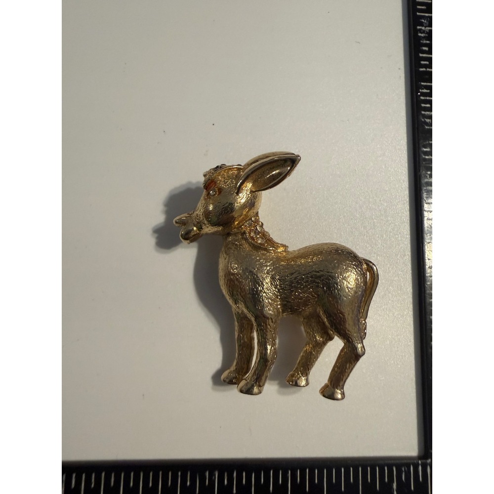 Vintage Coro Gold Tone Donkey Brooch Rhinestone Eye Mane Figural Pin Signed
